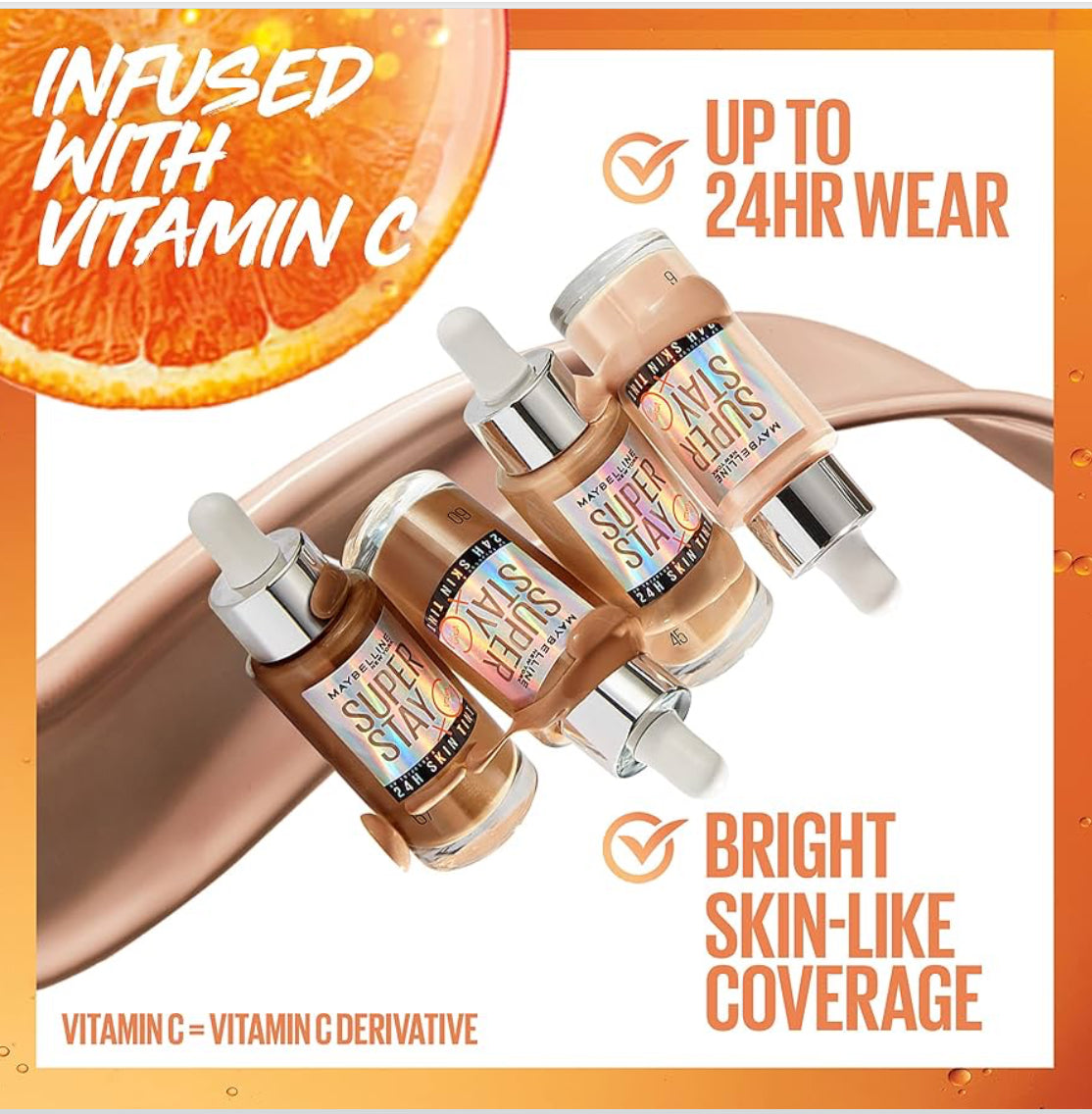 Maybelline Super Stay Up to 24HR Skin Tint, Radiant Light-to-Medium Coverage Foundation, Infused With Vitamin C