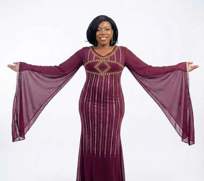 Maxi Dress Manche Évasée- Strass